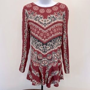 Free People Maroon Mini Dress with long sleeves and open back